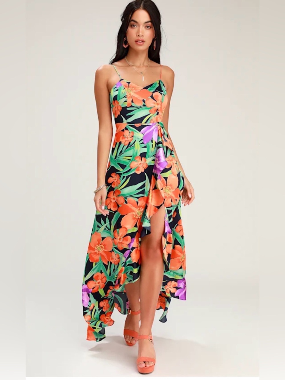 NEW Lulu's Black Tropical Floral Maxi Dress size large